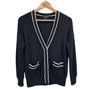 J. Crew Ribbed V-Neck Cotton Cardigan Sz XS Black Nautical Prep Old Money Staple
